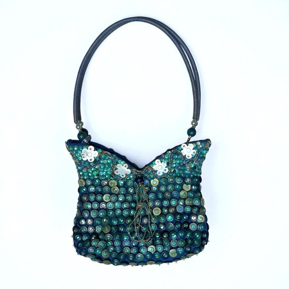MIDO Sequin Handbag Beaded Floral Tassel Detail Mermaid Fairycore Statement Bag - Picture 8 of 11